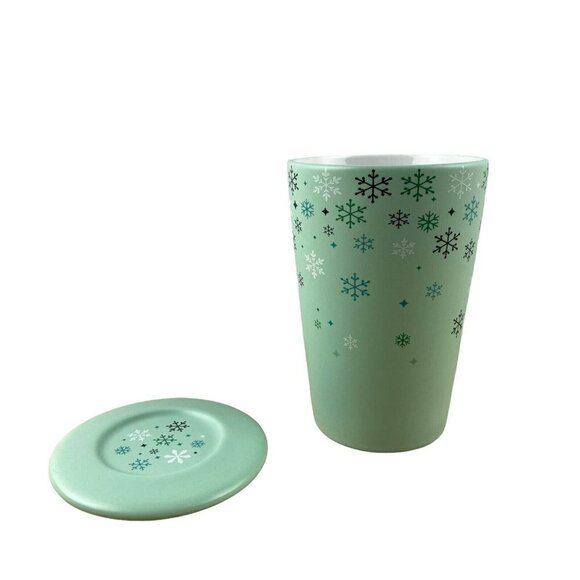 Davids Tea Mint Green Snowflake Moitif Winter Decor Tall Mug Cup Lid US 12 Oz - Picture 6 of 10